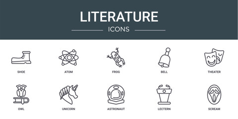 Poster - set of 10 outline web literature icons such as shoe, atom, frog, bell, theater, owl, unicorn vector 