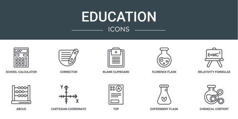 Poster - set of 10 outline web education icons such as school calculator, corrector, blank clipboard, florenc