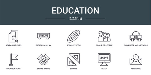 Poster - set of 10 outline web education icons such as searching files, digital display 60, solar system, gro