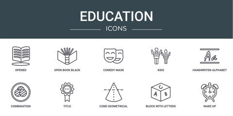 Poster - set of 10 outline web education icons such as opened, open book black cover, comedy mask, kids, handwriten alphabet, combination, title vector icons for report, presentation, diagram, web design,