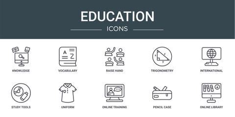 Poster - set of 10 outline web education icons such as knowledge, vocabulary, raise hand, trigonometry, inter