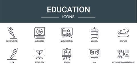 Poster - set of 10 outline web education icons such as fountain pen, audiobook, qualification, library, stapler, pen, sociology vector icons for report, presentation, diagram, web design, mobile app