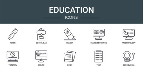 Poster - set of 10 outline web education icons such as ruler, school bag, eraser, online education, paleontology, tutorial, online vector icons for report, presentation, diagram, web design, mobile app