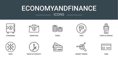 Wall Mural - set of 10 outline web economyandfinance icons such as strongbox, money bag, funds, peso, point of service, node, proof of capacity vector icons for report, presentation, diagram, web design, mobile