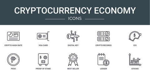 Poster - set of 10 outline web cryptocurrency economy icons such as crypto hash rate, vga card, digital key, crypto records, ico, peso, proof of stake vector icons for report, presentation, diagram, web
