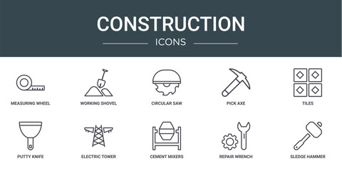 Wall Mural - set of 10 outline web construction icons such as measuring wheel, working shovel, circular saw, pick axe, tiles, putty knife, electric tower vector icons for report, presentation, diagram, web