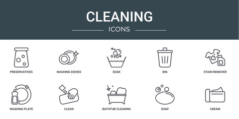 Wall Mural - set of 10 outline web cleaning icons such as preservatives, washing dishes, soak, bin, stain remover, washing plate, clean vector icons for report, presentation, diagram, web design, mobile app