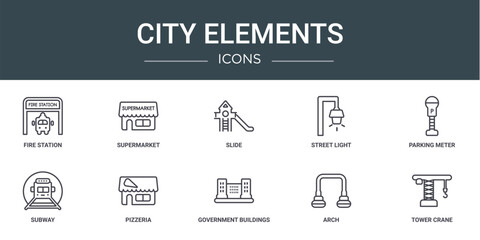 Poster - set of 10 outline web city elements icons such as fire station, supermarket, slide, street light, pa