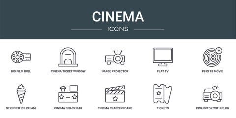 Wall Mural - set of 10 outline web cinema icons such as big film roll, cinema ticket window, image projector, fla