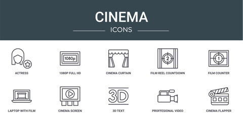 Poster - set of 10 outline web cinema icons such as actress, 1080p full hd, cinema curtain, film reel countdo
