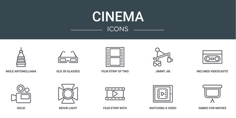 Poster - set of 10 outline web cinema icons such as mole antonelliana in turin, old 3d glasses, film strip of two photograms, jimmy jib, inclined videocaste, solid, movie light vector icons for report,