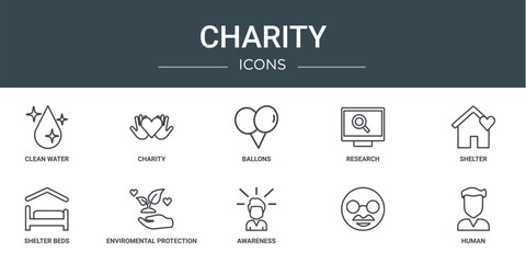 Poster - set of 10 outline web charity icons such as clean water, charity, ballons, research, shelter, shelte
