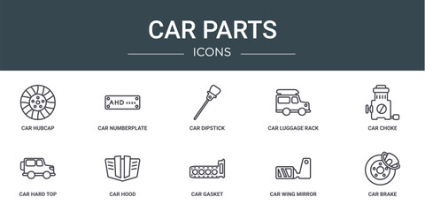 Poster - set of 10 outline web car parts icons such as car hubcap, car numberplate, dipstick, luggage rack, c