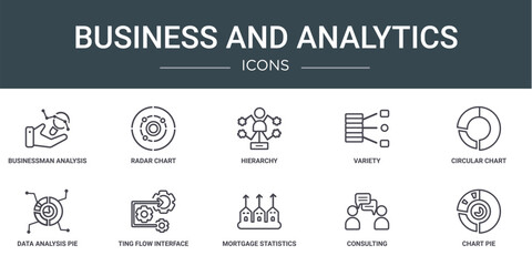 Poster - set of 10 outline web business and analytics icons such as businessman analysis, radar chart, hierar