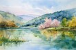 © Azura - Idyllic watercolor scene depicting spring in mountains with serene lake. Generative AI