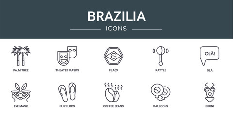 Wall Mural - set of 10 outline web brazilia icons such as palm tree, theater masks, flags, rattle, ol?, eye mask, flip flops vector icons for report, presentation, diagram, web design, mobile app