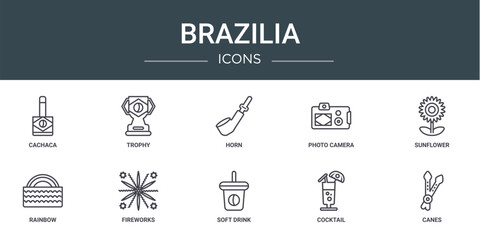 Wall Mural - set of 10 outline web brazilia icons such as cachaca, trophy, horn, photo camera, sunflower, rainbow, fireworks vector icons for report, presentation, diagram, web design, mobile app