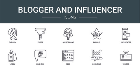 Poster - set of 10 outline web blogger and influencer icons such as fashion, filter, microphone, famous, infl