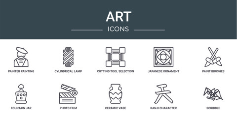 Wall Mural - set of 10 outline web art icons such as painter painting, cylindrical lamp, cutting tool selection, japanese ornament, paint brushes, fountain jar, photo film vector icons for report, presentation,