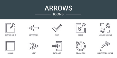 Poster - set of 10 outline web arrows icons such as exit top right, left arrow, right, resize, minimize arrows, square, next vector icons for report, presentation, diagram, web design, mobile app