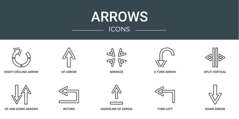 Poster - set of 10 outline web arrows icons such as right circling arrow, up arrow, minimize, u turn arrow, split vertical, up and down arrows, return vector icons for report, presentation, diagram, web