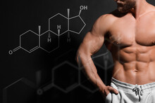 Muscular Man And Structural Formula Of Testosterone On Black Background, Closeup
