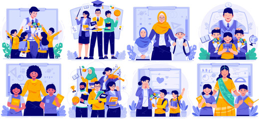 Wall Mural - Illustration Set of Happy Teacher’s Day. Teachers and Children Students. Students and Giving Gifts and Bouquet of Flowers to Their Teacher