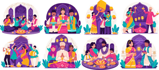 Wall Mural - Illustration Set of Happy Diwali Greetings. Indian People in Traditional Clothing Holding Lit Oil Lamps or Diya Celebrating Diwali Festival of Lights