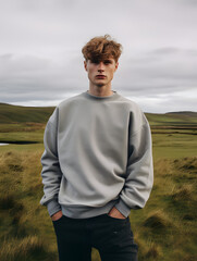 Wall Mural - Sweatshirt mockup one young man guy in a blank crewneck and jeans outdoors outide in the rolling hills in fall autumn