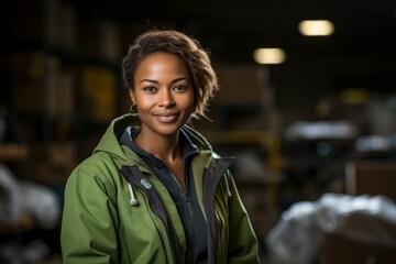 Poster - A woman at a waste processing plant. Garbage collection and disposal. Portrait with selective focus and copy space