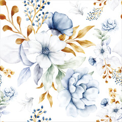 Wall Mural - beautiful white blue and gold floral seamless pattern