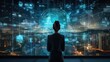 A woman observes a vast digital holographic interface, displaying intricate data. Behind it, an urban skyline bathed in evening hues emerges, symbolizing a fusion of nature and technology