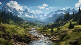 Fototapeta Uliczki - Captivating Alpine Majesty: Exploring the Breathtaking Beauty of Mountains, Valleys, and Nature's Elements, generative AI