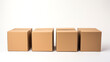 Four square cardboard boxes on white background, with copy space