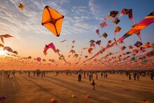 Kite Festival In Gujarat, India, The Sky Awash With Colors And Designs
