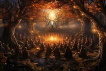 Mystical Druid Grove During The Equinox, With Rituals Connecting The Earthly And The Divine