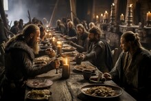 Viking feast in a great hall, warriors sharing tales of sea monsters and treasures.