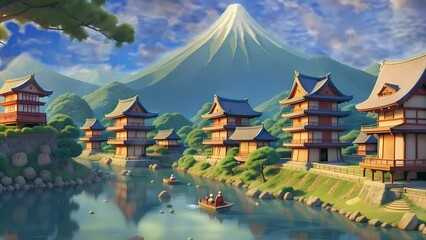 Wall Mural - chinese temple in the morning,  Cartoon or anime watercolor painting illustration style. seamless looping 4K time-lapse virtual video animation background