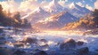 ［AI生成画像］雪山、川の風景、晴天1