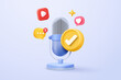3d microphone with voice for announce promotion in background. mic record for music singing and audio or podcast minimal concept. 3d mic icon vector render illustration for alert and announcement