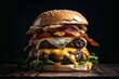 Enormous, mouthwatering burger on bleak backdrop. Generative AI