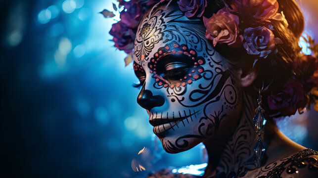 Woman with fluor sugar skull makeup celebrating Halloween party. Beautiful model with Santa muerte makeup. Sugar skull for Day of the Dead festival in Mexico or Dia de los Muertos, copy space