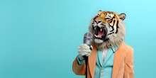 Stylish Tiger Singing With Microphone Isolated On Green Background
