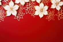 White Flowers And Golden Elegant Christmas Ornament On Red Background With Copy Space.Greeting Christmas Card. 