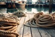 Boat ropes tied in the harbor docking dock. Generative AI