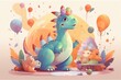 Fun dinosaur birthday celebration with cute character, cake, confetti, balloons on pastel background. Generative AI