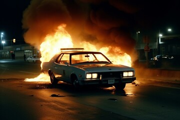 burning vehicle surrounded by flashing police lights. Generative AI