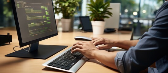 Programmer working on laptop in modern office, closeup of hands