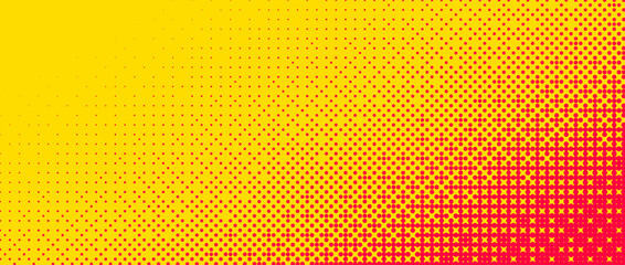 Poster - Pixelated corner gradient texture. Yellow orange dither diagonal pattern background. Abstract glitchy pattern. 8 bit video game screen wallpaper. Pixel art retro illustration. Vector bitmap backdrop