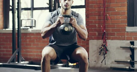 Canvas Print - Man, kettlebell squat and fitness in gym for muscle training, health and workout for bodybuilding. Wellness, strong athlete and sport endurance, resilience and challenge, power and weightlifting